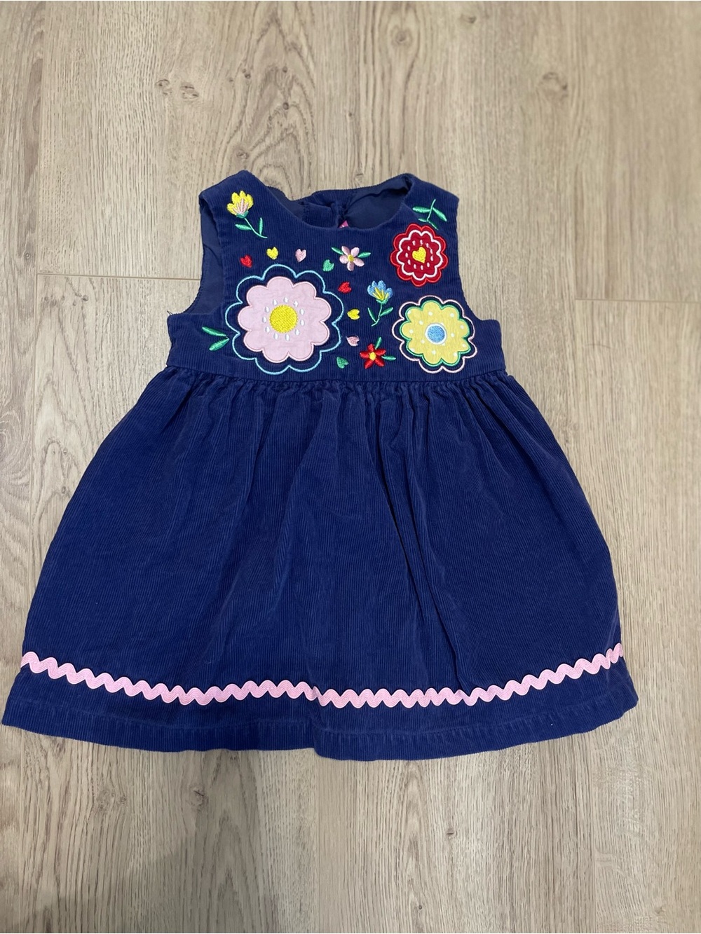 Vintage Girl Good Lad Navy Corduroy Dress w/ Multicolor Floral Appliqués (18 mo)